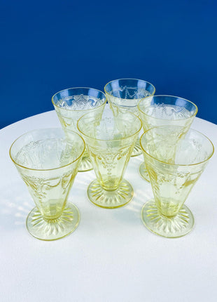 Vintage Anchor Hocking Yellow Depression Glass Ice Tea Water Glasswear. Cameo Ballerina Set of 6. Dining Room Table Decor. Gift for Him Her