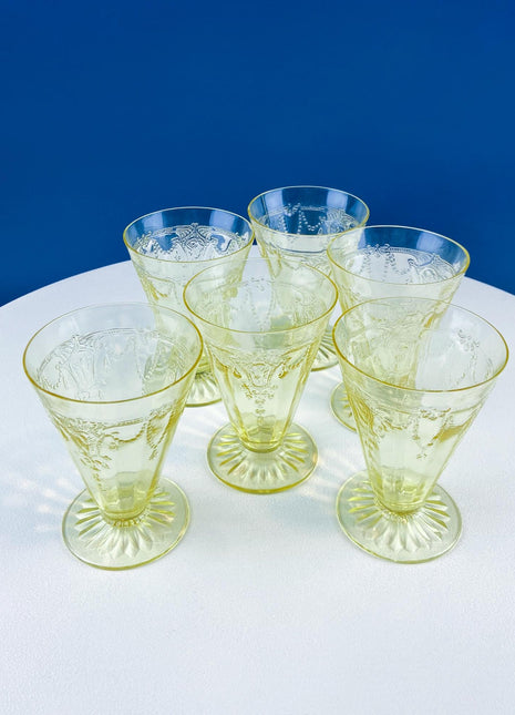Vintage Anchor Hocking Yellow Depression Glass Ice Tea Water Glasswear. Cameo Ballerina Set of 6. Dining Room Table Decor. Gift for Him Her
