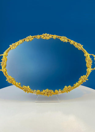 Vintage Gold Dresser Vanity Mirrored Tray. Rich Gilded Metal Tea Rose Oval Frame. Chic Bedroom Bath Perfume Display. Wall Hanging. Vintage Gold Dresser Vanity Mirrored Tray. Rich Gilded Metal Tea Rose Oval Frame. Chic Bedroom Bath Perfume Display. Wall Hanging.