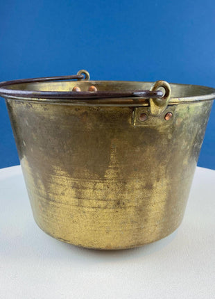 Vintage Brass Pail Cauldron. Hand Pounded Bucket with Wrought Iron Handle. Hand Hammered Rustic Home Dining Room Decor. Farmhouse Display.