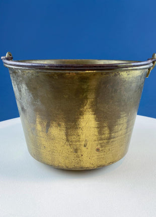 Vintage Brass Pail Cauldron. Hand Pounded Bucket with Wrought Iron Handle. Hand Hammered Rustic Home Dining Room Decor. Farmhouse Display.