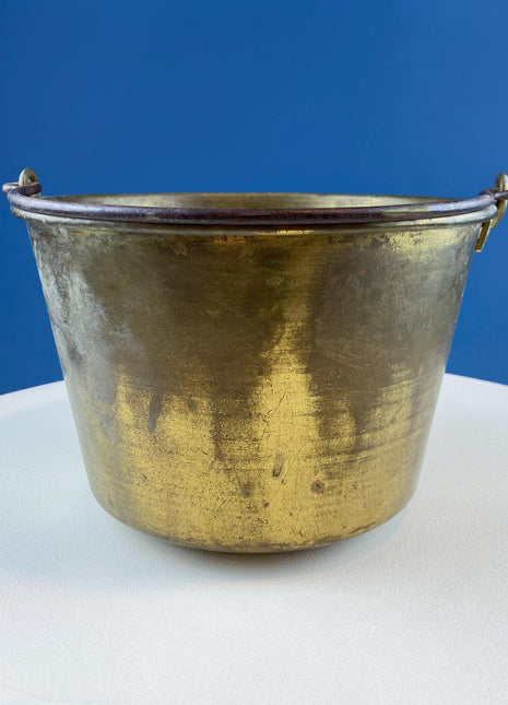 Vintage Brass Pail Cauldron. Hand Pounded Bucket with Wrought Iron Handle. Hand Hammered Rustic Home Dining Room Decor. Farmhouse Display.
