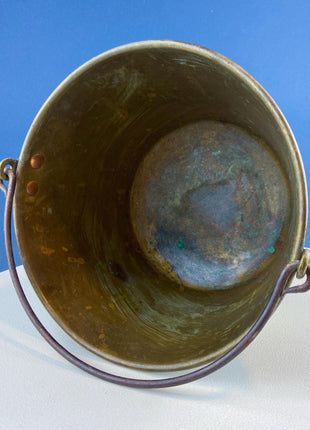 Vintage Brass Pail Cauldron. Hand Pounded Bucket with Wrought Iron Handle. Hand Hammered Rustic Home Dining Room Decor. Farmhouse Display.