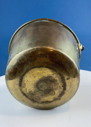 Vintage Brass Pail Cauldron. Hand Pounded Bucket with Wrought Iron Handle. Hand Hammered Rustic Home Dining Room Decor. Farmhouse Display.