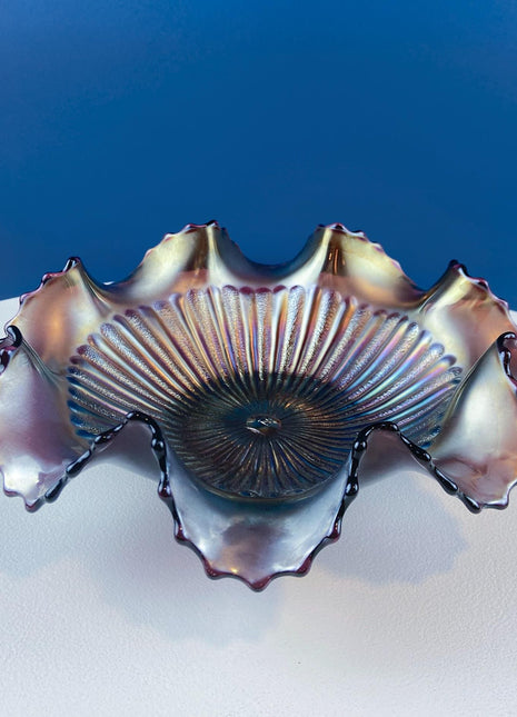Vintage Carnival Glass Bowl. Iridescent Eggplant Fluted with Flounced Brim. Northwood Glass Co. Art Glass. Dining Room Display. Collectible.