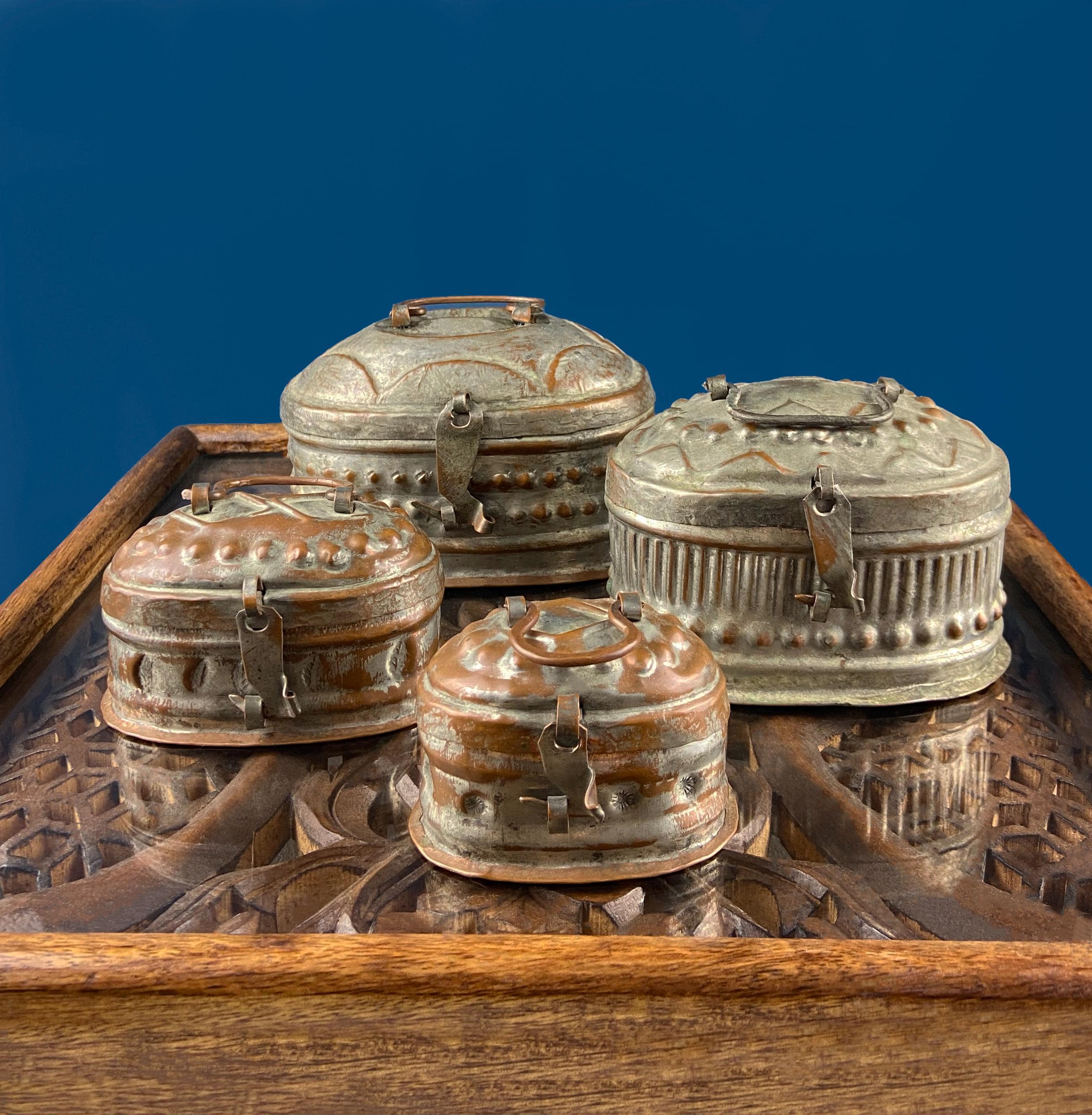 Hand Pounded Copper Cricket Boxes with Hinged Lids. Set of 4 Oval