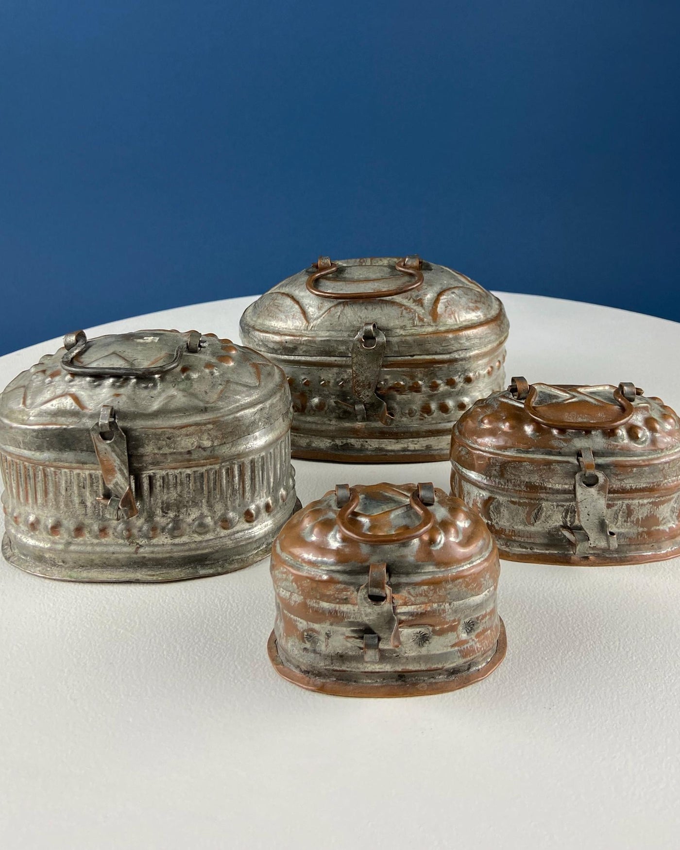 Hand Pounded Copper Cricket Boxes with Hinged Lids. Set of 4 Oval Meta ...