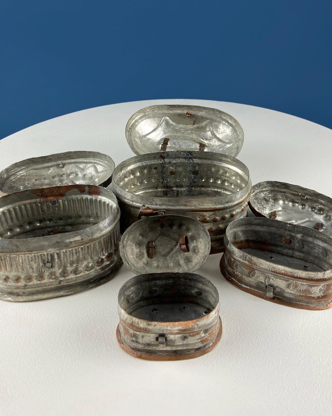 Hand Pounded Copper Cricket Boxes with Hinged Lids. Set of 4 Oval Meta ...