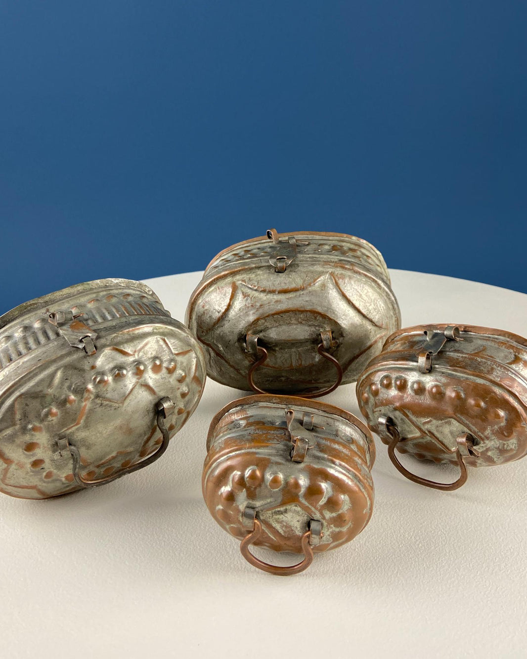 Hand Pounded Copper Cricket Boxes with Hinged Lids. Set of 4 Oval Meta ...