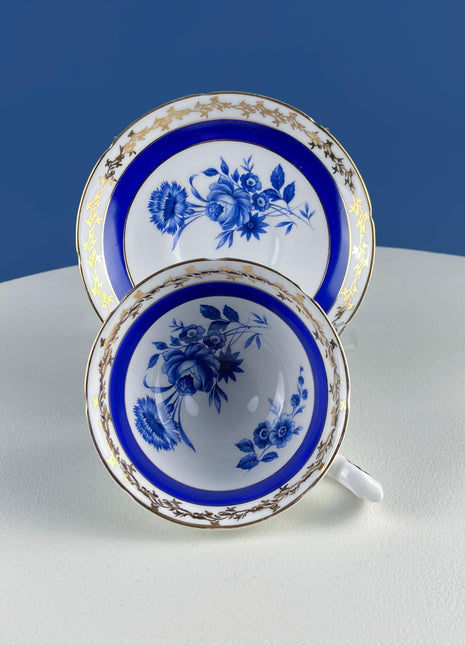 Vintage Embassy Tea Cup & Saucer. Fondeville Design. Cobalt Blue Flowers on White Background. Dining Room Decor. Modern Farmhouse. Tea Party
