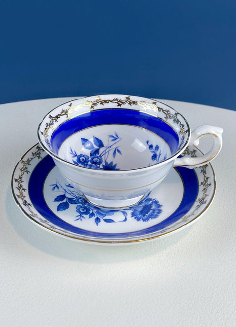 Vintage Embassy Tea Cup & Saucer. Fondeville Design. Cobalt Blue Flowers on White Background. Dining Room Decor. Modern Farmhouse. Tea Party