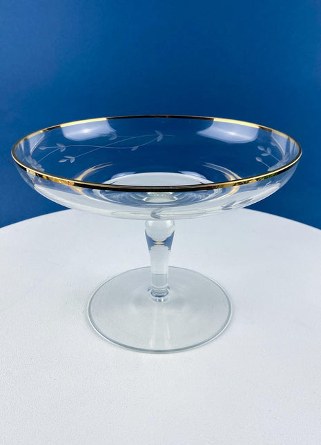 Vintage Etched Glass Compote with Gold Rim. Delicate Leaf Design. Footed Serving Dish for Candy, Cupcakes, Nuts, or Fruit. Dining Room Decor