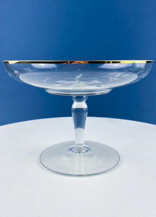 Vintage Etched Glass Compote with Gold Rim. Delicate Leaf Design. Footed Serving Dish for Candy, Cupcakes, Nuts, or Fruit. Dining Room Decor