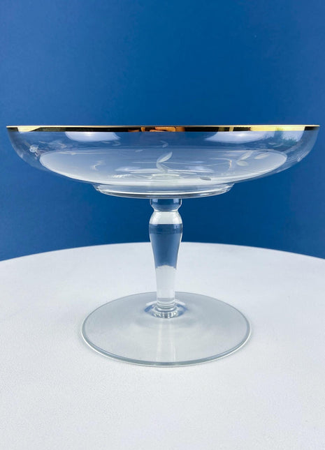 Vintage Etched Glass Compote with Gold Rim. Delicate Leaf Design. Footed Serving Dish for Candy, Cupcakes, Nuts, or Fruit. Dining Room Decor