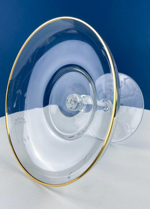 Vintage Etched Glass Compote with Gold Rim. Delicate Leaf Design. Footed Serving Dish for Candy, Cupcakes, Nuts, or Fruit. Dining Room Decor