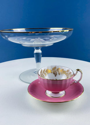 Vintage Etched Glass Compote with Gold Rim. Delicate Leaf Design. Footed Serving Dish for Candy, Cupcakes, Nuts, or Fruit. Dining Room Decor