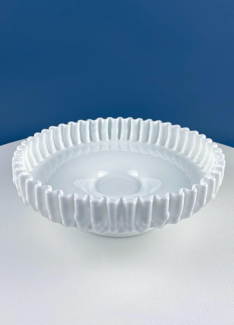Vintage Fenton Hobnail Serving Bowl Fruit Stand. Fluted Outer Wall. Mid-C Modern Collectible Milk Glass. Dining Room Kitchen Table Decor.