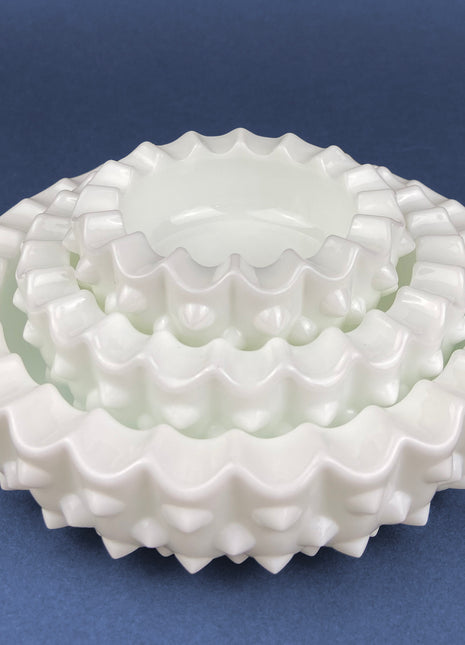 Vintage Fenton Milk Glass Nesting Ashtrays. Hobnail Ashtrays or Bowls with Scalloped Edge. Set of Three. Gift for Him.