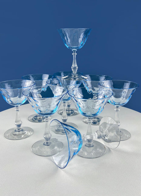 Vintage Fostoria Champagne Crystal Goblets. Moonlight Blue Wavecrest. Set of 10. Dining Room Table Decor. Collectible Glassware.