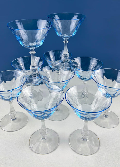 Vintage Fostoria Champagne Crystal Goblets. Moonlight Blue Wavecrest. Set of 10. Dining Room Table Decor. Collectible Glassware.