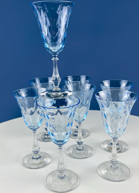 Vintage Fostoria Crystal Cordial Glasses. Moonlight Blue Wavecrest. Set of 9. Dining Room Table Decor. Collectible Glassware.