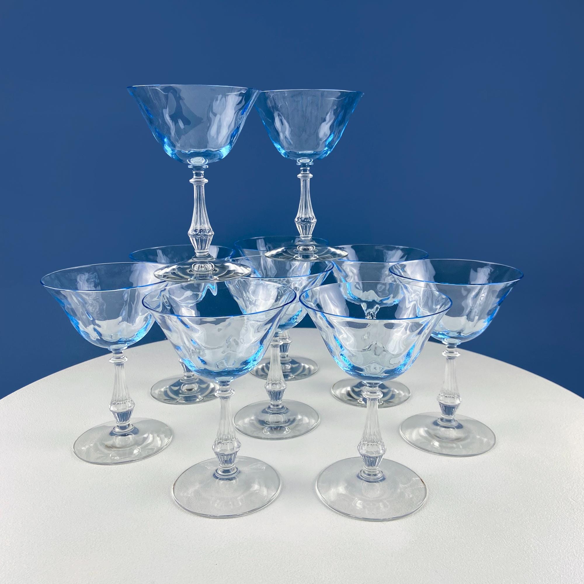 Vintage Fostoria Crystal Sweet Wine Glasses. Moonlight Blue Wavecrest. Set of 10. Dining Room Table Decor. Collectible Glassware