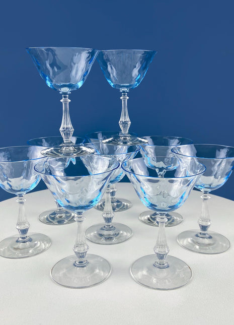 Vintage Fostoria Crystal Sweet Wine Glasses. Moonlight Blue Wavecrest. Set of 10. Dining Room Table Decor. Collectible Glassware.