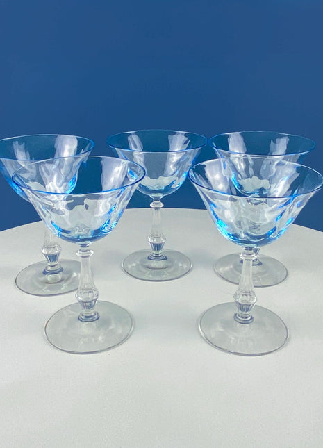 Vintage Fostoria Crystal Sweet Wine Glasses. Moonlight Blue Wavecrest. Set of 10. Dining Room Table Decor. Collectible Glassware.