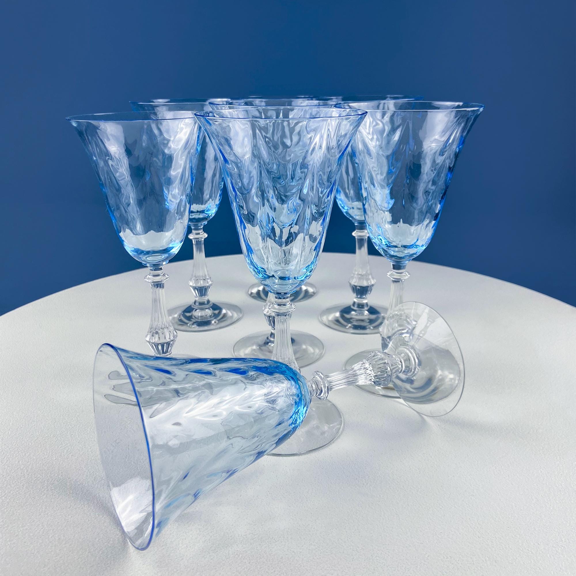 Vintage Fostoria Wine Water Crystal Goblets. Moonlight Blue Wavecrest. Set of 12. Dining Room Table Decor. Collectible Glassware