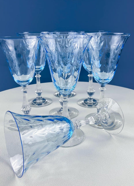 Vintage Fostoria Wine Water Crystal Goblets. Moonlight Blue Wavecrest. Set of 12. Dining Room Table Decor. Collectible Glassware.