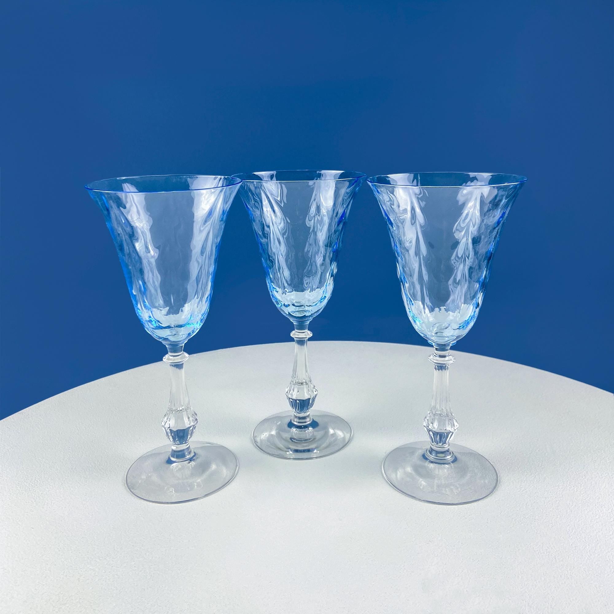 Vintage Fostoria Wine Water Crystal Goblets. Moonlight Blue Wavecrest. Set of 12. Dining Room Table Decor. Collectible Glassware