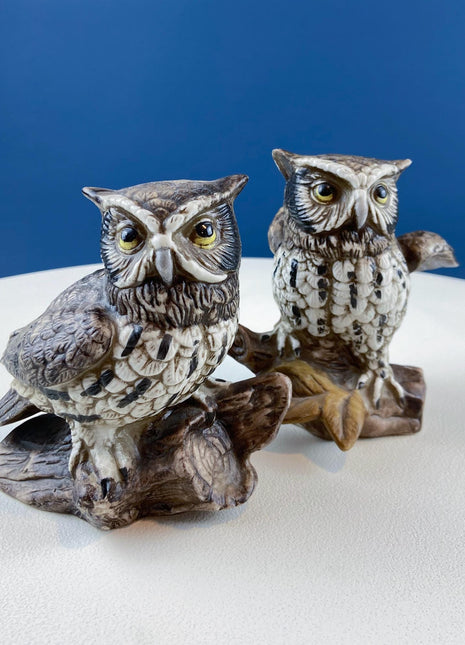 Vintage HOMCO Porcelain Owl Figurines. Set of 2 Birds. Office or Library Display. Halloween Celebration. Gift for Bookworm. Woodland Decor.