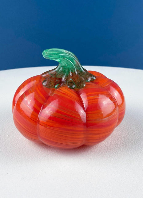Vintage Hand Blown Orange Glass Pumpkin. Marbled Effect. Green Stem. Fall Halloween Thanksgiving Decor. Home Retail Display.