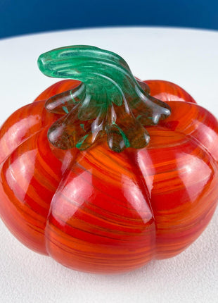 Vintage Hand Blown Orange Glass Pumpkin. Marbled Effect. Green Stem. Fall Halloween Thanksgiving Decor. Home Retail Display.