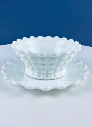 Vintage Jeanette Milk Glass Serving Bowl & Matching Underplate. "Cube" (Cubist) Pattern Mayonnaise Bowl. Home Dining Kitchen Table Decor.