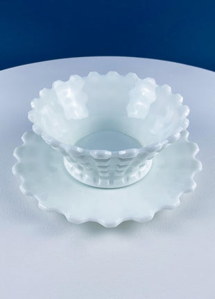 Vintage Jeanette Milk Glass Serving Bowl & Matching Underplate. "Cube" (Cubist) Pattern Mayonnaise Bowl. Home Dining Kitchen Table Decor.