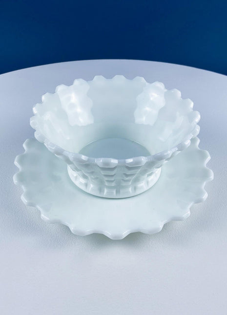 Vintage Jeanette Milk Glass Serving Bowl & Matching Underplate. "Cube" (Cubist) Pattern Mayonnaise Bowl. Home Dining Kitchen Table Decor.