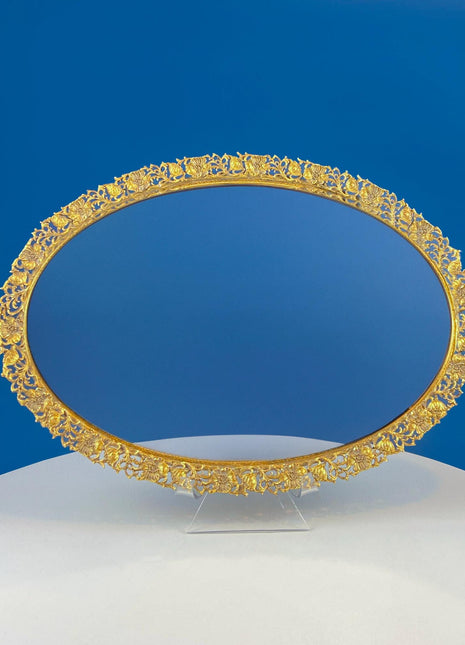 Vintage Large Gold Dresser Vanity Mirror Tray. Rich Gilded Metal Tea Rose Oval Frame. Chic Bedroom Bath Perfume Display. Wall Hanging. Vintage Large Gold Dresser Vanity Mirror Tray. Rich Gilded Metal Tea Rose Oval Frame. Chic Bedroom Bath Perfume Display. Wall Hanging.
