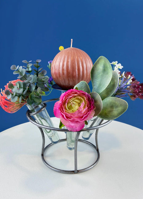 Vintage Metal Candle Holder with 4 Glass Bud Vases. Table Centerpiece. Holiday Celebration. Hostess Essentials. Gift for Him Her.