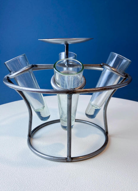 Vintage Metal Candle Holder with 4 Glass Bud Vases. Table Centerpiece. Holiday Celebration. Hostess Essentials. Gift for Him Her.