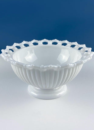 Vintage Milk Glass Serving Bowl with Fluted Sides and Reticulated Edge. White Dish with Lacey Edge. Home Kitchen Dining Table Decor.
