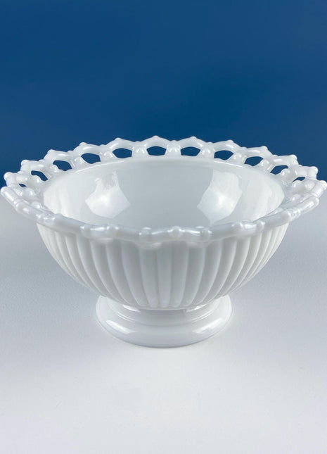 Vintage Milk Glass Serving Bowl with Fluted Sides and Reticulated Edge. White Dish with Lacey Edge. Home Kitchen Dining Table Decor.