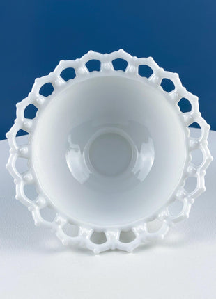 Vintage Milk Glass Serving Bowl with Fluted Sides and Reticulated Edge. White Dish with Lacey Edge. Home Kitchen Dining Table Decor.