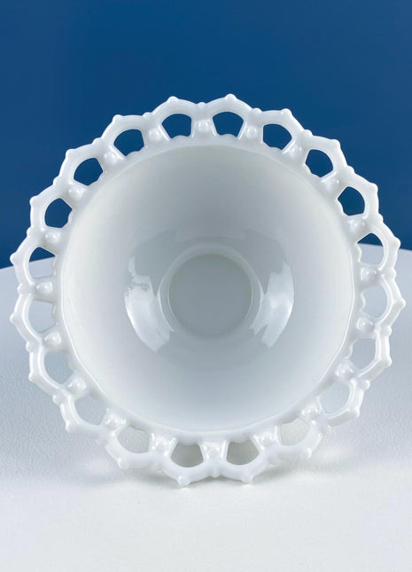 Vintage Milk Glass Serving Bowl with Fluted Sides and Reticulated Edge. White Dish with Lacey Edge. Home Kitchen Dining Table Decor.