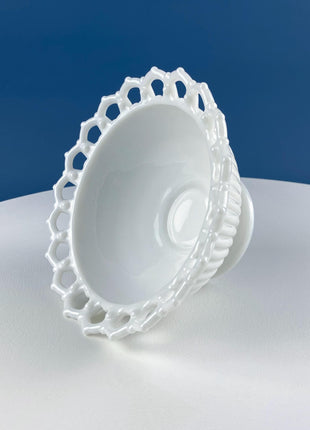 Vintage Milk Glass Serving Bowl with Fluted Sides and Reticulated Edge. White Dish with Lacey Edge. Home Kitchen Dining Table Decor.