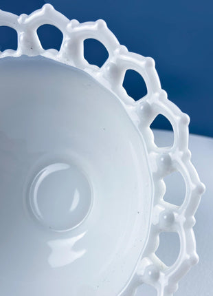 Vintage Milk Glass Serving Bowl with Fluted Sides and Reticulated Edge. White Dish with Lacey Edge. Home Kitchen Dining Table Decor.