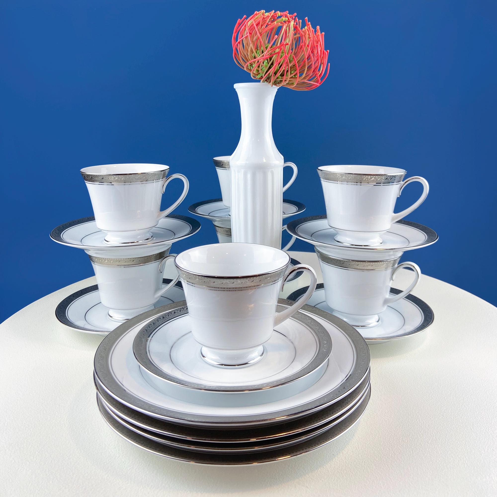 Noritake Crestwood Platinum Tea Set: 8 Cups & Saucers, 4 Dessert