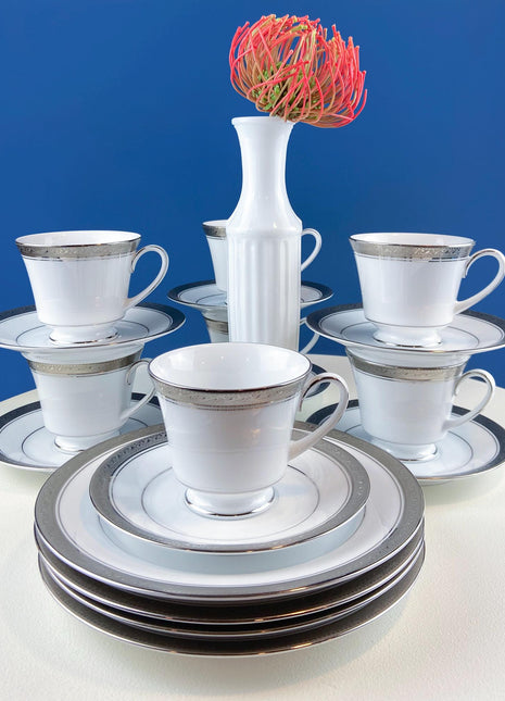 Noritake Legendary Crestwood Platinum Tea Set. 8 White Cups & Saucers with Silver Embossed Bands. 4 Matching Dessert Plates. Dining Rm Decor