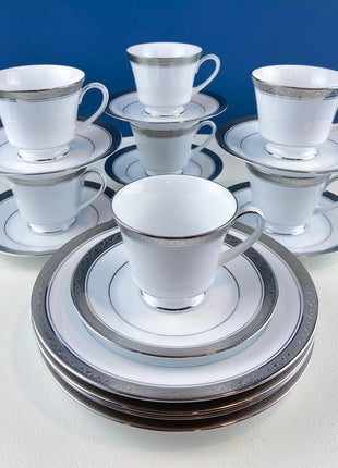 Noritake Legendary Crestwood Platinum Tea Set. 8 White Cups & Saucers with Silver Embossed Bands. 4 Matching Dessert Plates. Dining Rm Decor