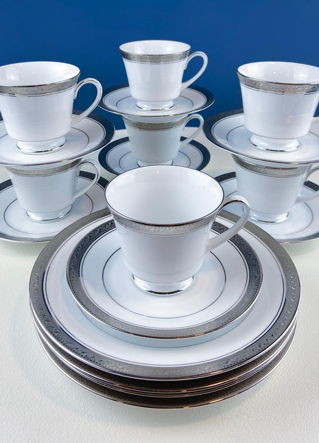 Noritake Legendary Crestwood Platinum Tea Set. 8 White Cups & Saucers with Silver Embossed Bands. 4 Matching Dessert Plates. Dining Rm Decor